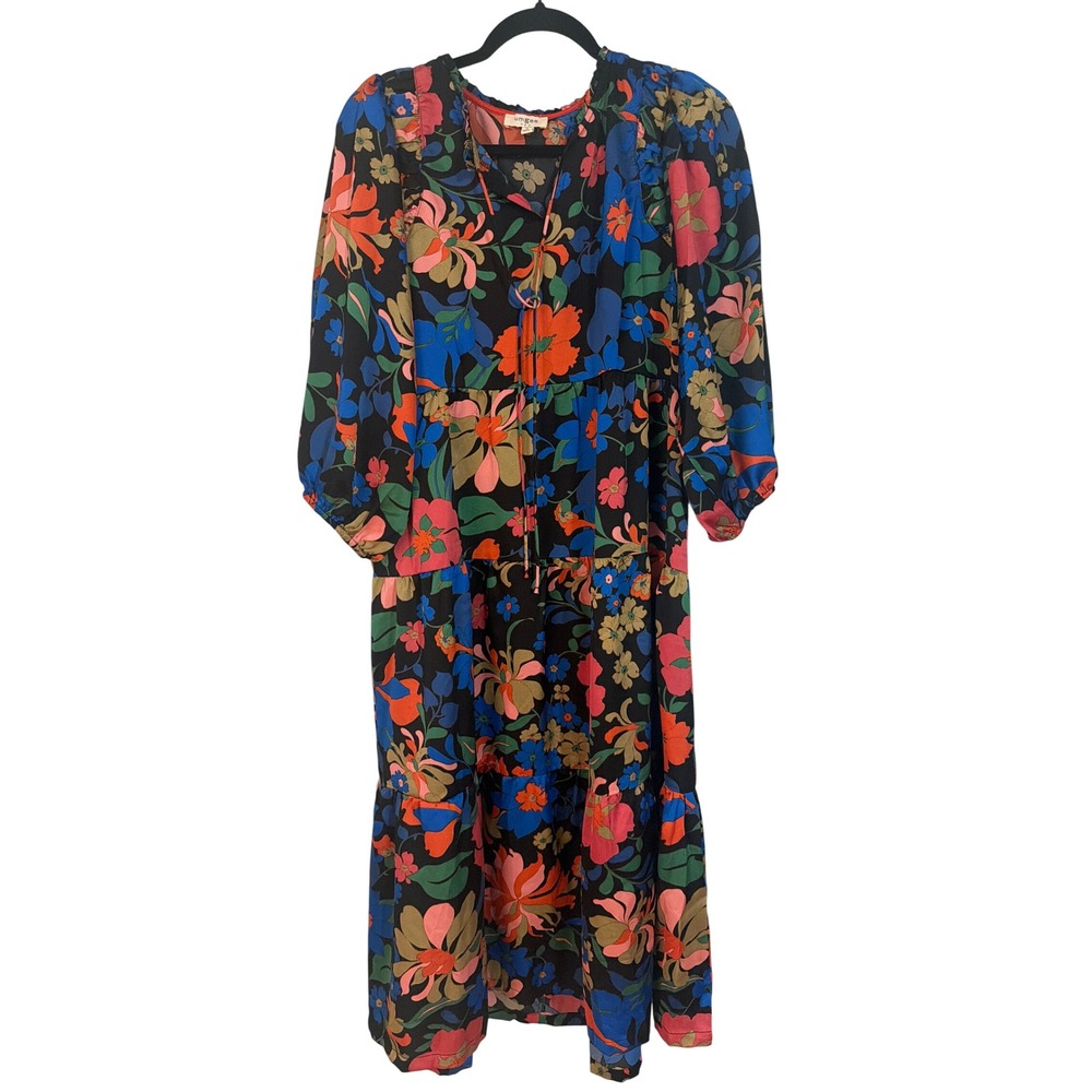 Umgee Womens Black Floral Tiered Midi Dress Balloon Sleeve Split Neck Boho L